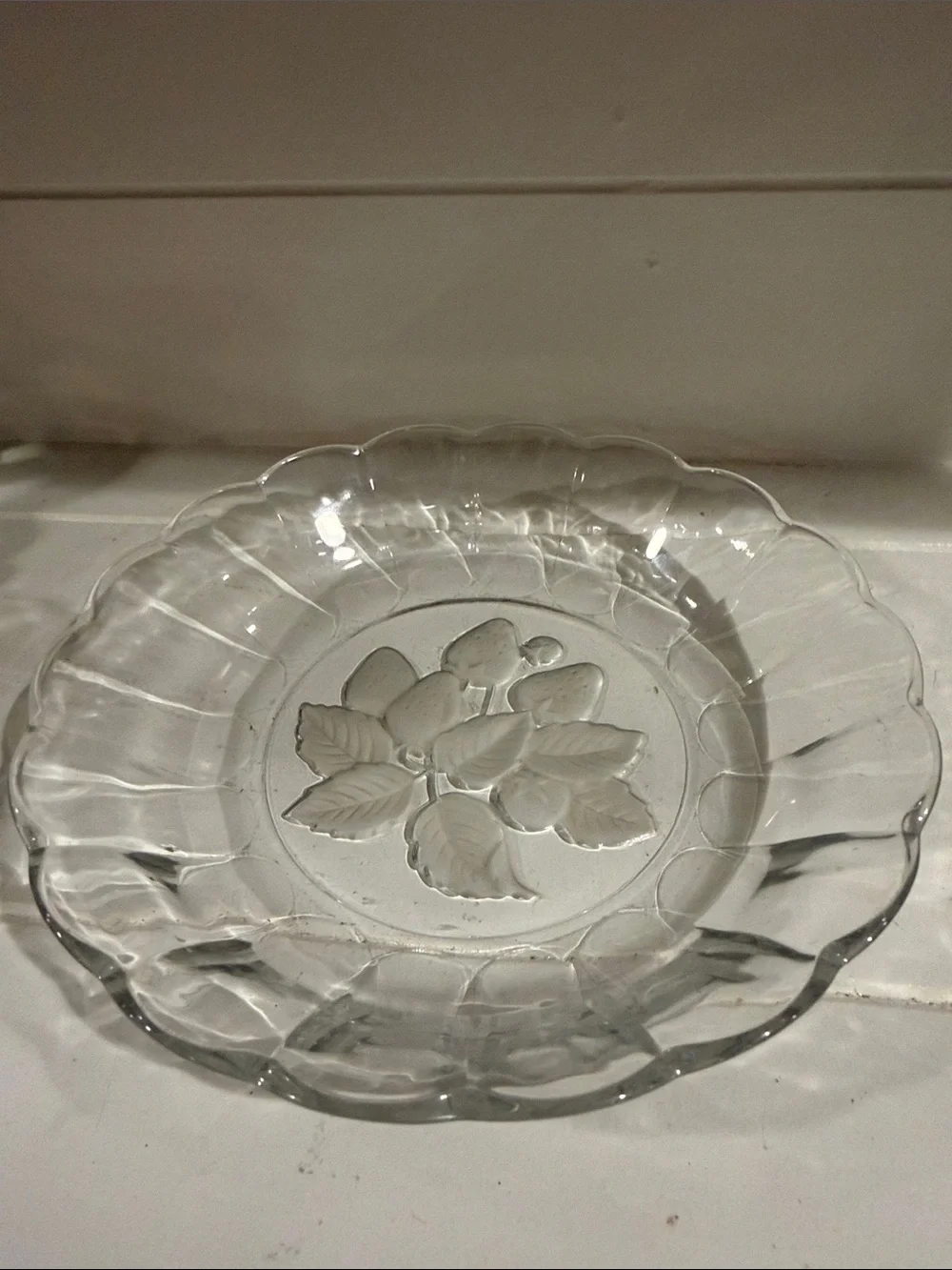 Clear Vintage Small Glass Scalloped Edge Serving Plate with Leaf Motif